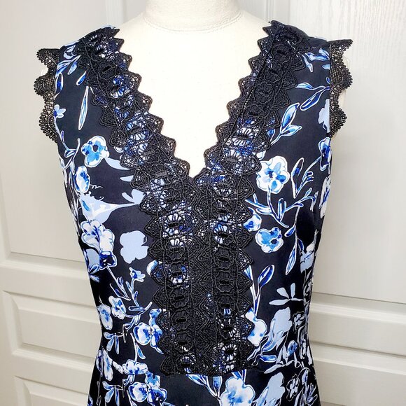 Karl Lagerfeld Paris Floral Midi Dress Black and Blue Size 4 - Picture 4 of 6